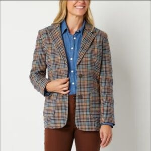 ST JOHNS BAY Women's Brown Multicolor Plaid 100% Cotton Blazer, Single Breast PM